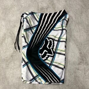 Y2K Fox Racing Board Shorts Plaid Geometric Abstract Big Logo Mens